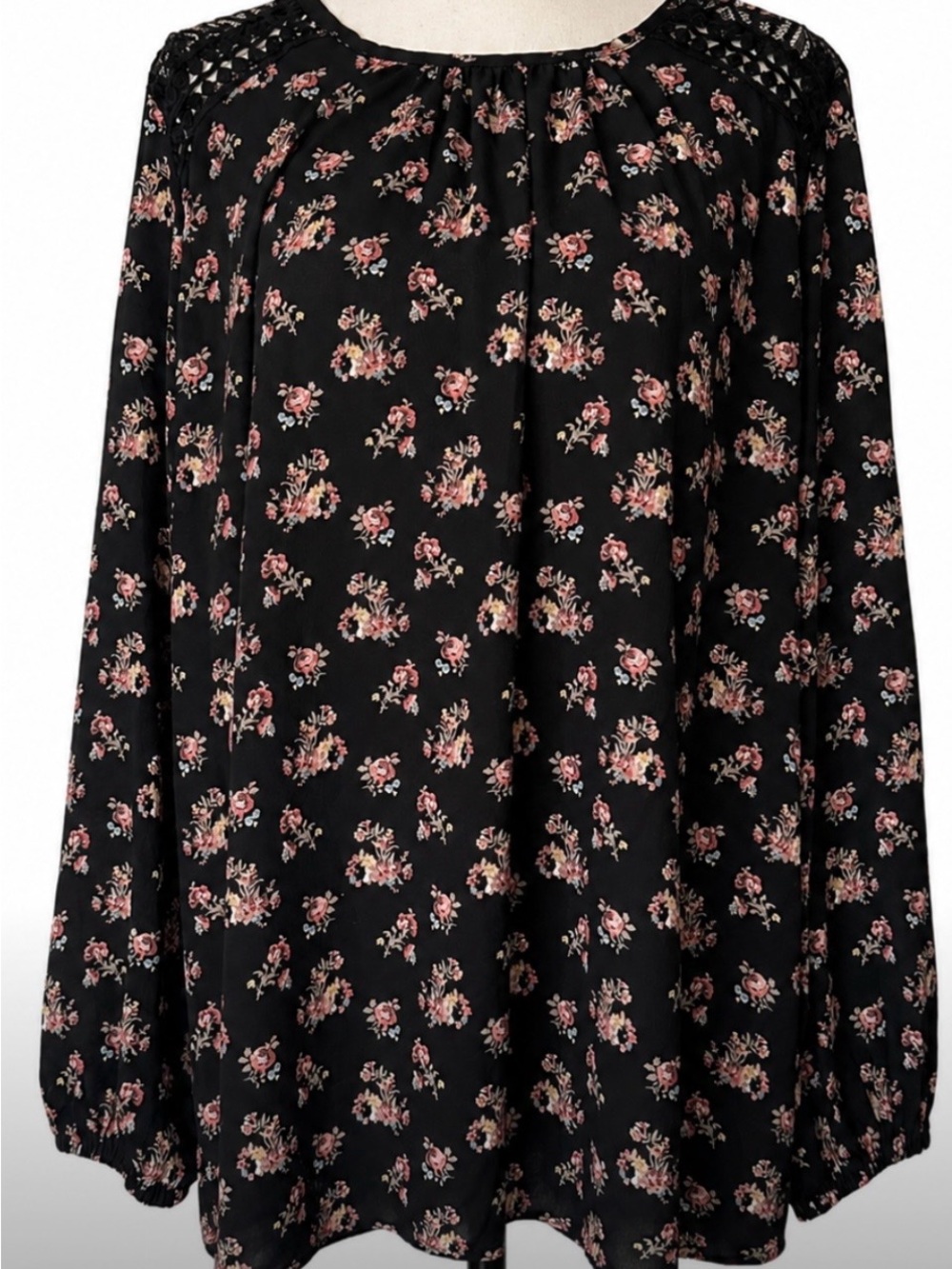 Whimsigoth Black Floral Lace Boho Peasant Blouse XL Cottagecore Classic Top